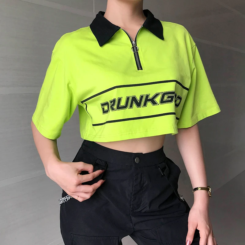 Weekeep Cropped Loose Letter Print t shirt Women Streetwear Turn-down Collar Short Sleeve tshirt Sexy Crop Top Women