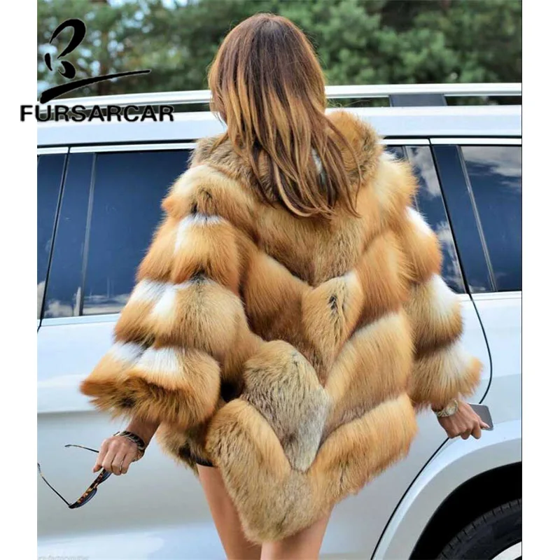 FURSARCAR 2021 New Luxury Real Gold Fox Fur Shawls Winter Thick Warm Women Coats With Fur Collar Fashion Fur Cape For  Female