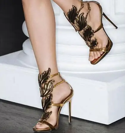 Hot sales gold floral leaves patent leather women sandals peep toe high heels cut-outs gladiator shoes Party Shoes |