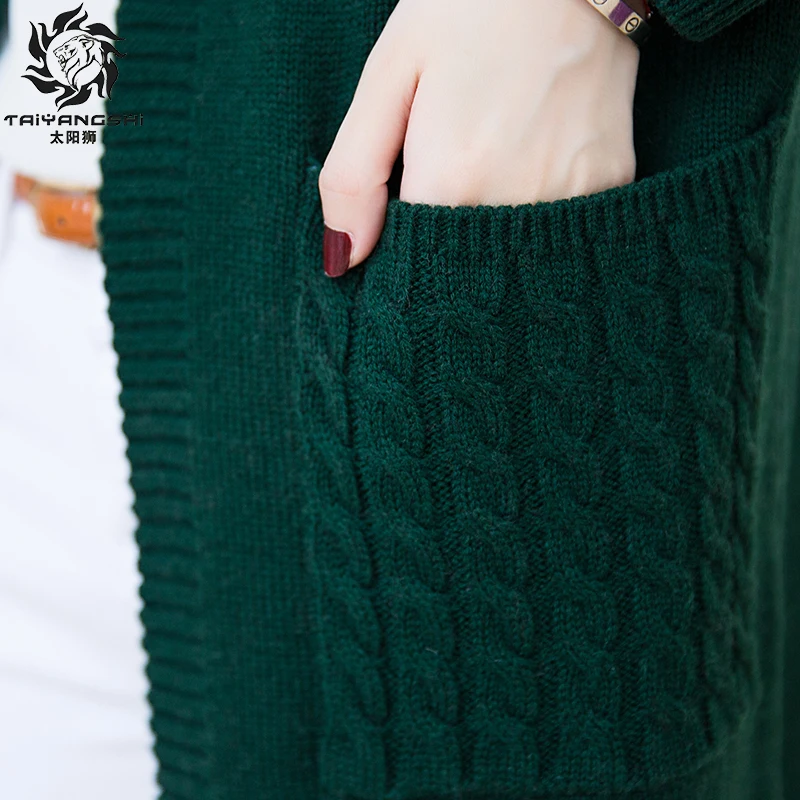 Мода 2017 г. вязаный кардиган свободные карман с длинным рукавом Для женщин свитер