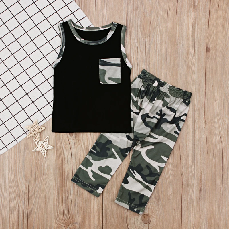 Rorychen Children Baby Boys Clothes 2018 New Summer Black Sleeveless Vest+Camouflage Long Pants 2Pcs Suit Kids | Детская одежда и