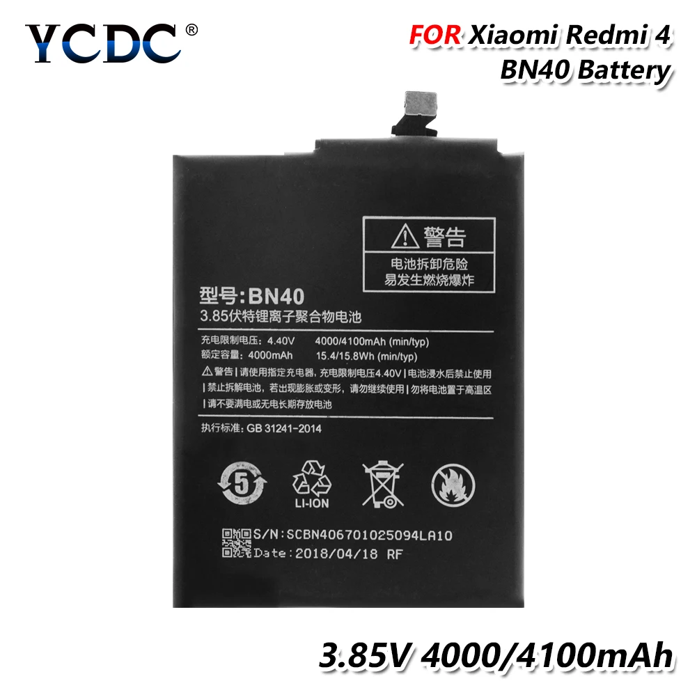 YCDC 3,85 В bn40 Стандартный BN40 Аккумулятор для Xiaomi Redmi 4 PRO 4100 мАч большой емкости BN-40 литиевая аккумуляторная батарея