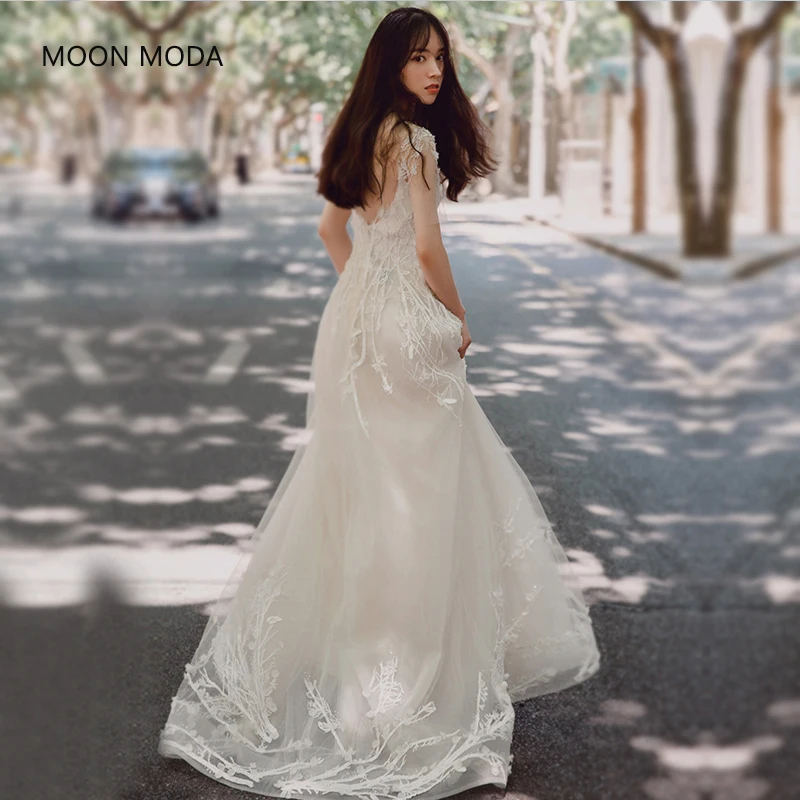 Женское пляжное свадебное платье MOON MODA кружевное ТРАПЕЦИЕВИДНОЕ размера плюс