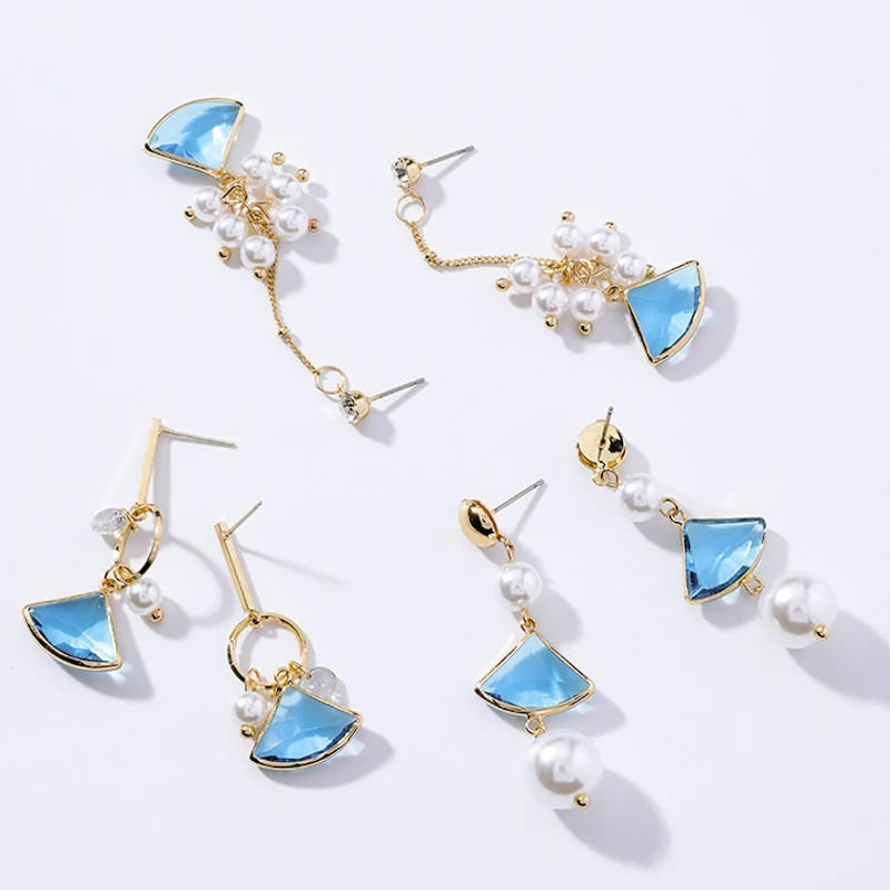 2018 New Korean Temperament Blue Fan Crystal Simulated Pearl Drop Pendientes Mujer Moda Long Earrings For Women Fashion Jewelry | Украшения