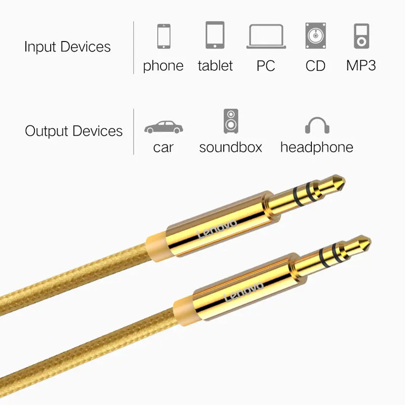 Lenovo 3.5 мм Aux кабель для автомобилей Позолоченные аудио Jack мужчина Динамик