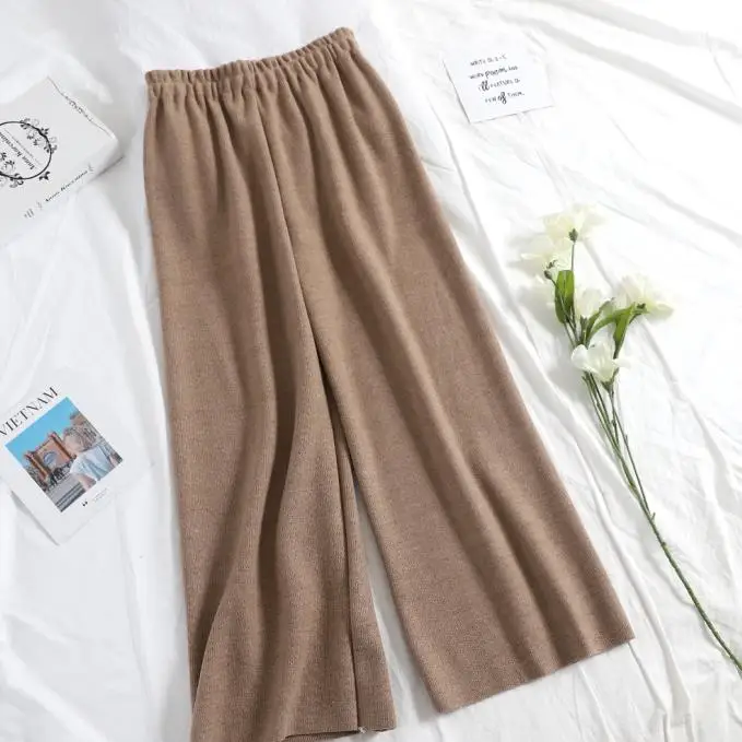 Khaki Новые корейские женские брюки весна осень модные трикотажные широкие брюки женские эластичные с высокой талией свободные девять брюк RH1690 - Цвет: Khaki