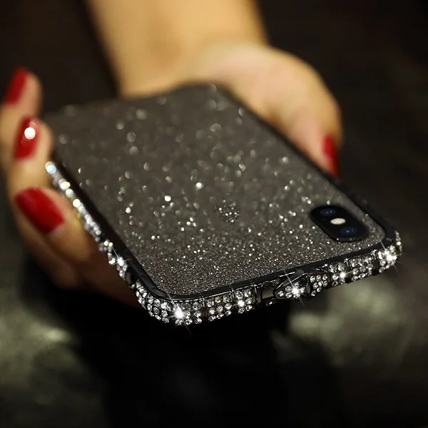 Чехол-бампер с алмазами для iPhone XS Max XR 8 7 6 6S Plus, блестящие стразы, металлическая рамка с задней панелью+ Защитная пленка для передней панели - Цвет: Black