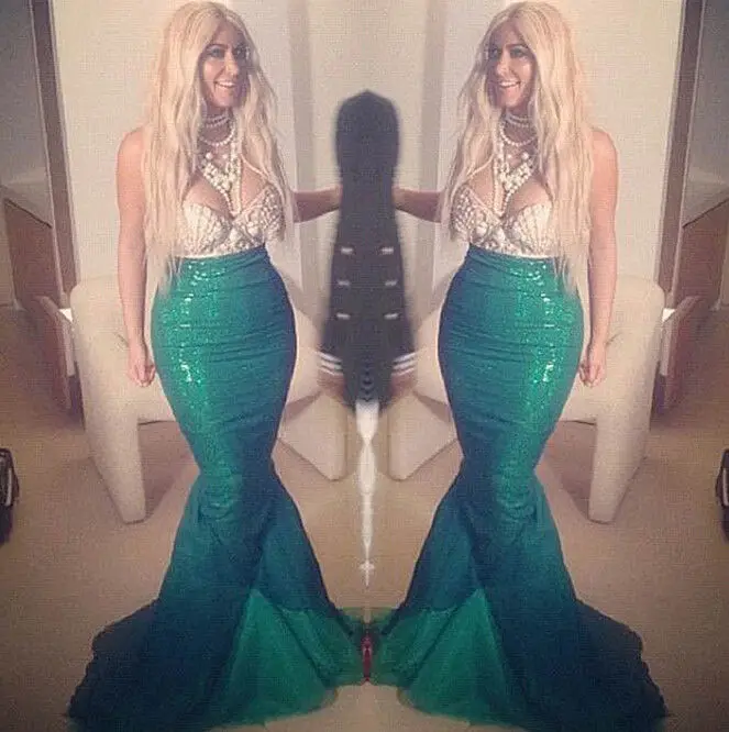 Маскарадный костюм для Хэллоуина длинный зеленый с блестками и хвостом