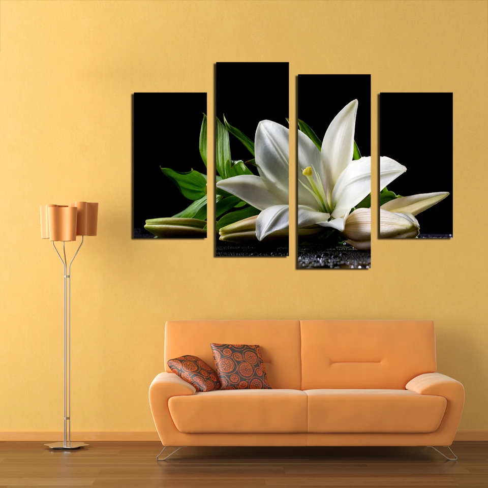 

New 4 Panels Lily Flowers Painting Canvas Wall Art Picture Home Decoration Living Room Print Modern