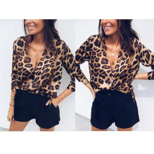 

Summer Autumn Women Leopard Print Sexy Deep V-Neck Long Sleeve Blouse Ladies Shirt Oversize Loose Top