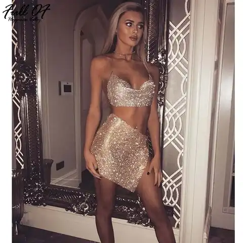 Sexy Metal Crystal Diamonds Chain Women Sequins Dress Two pieces Set 2023 New Summer Gold silver Luxury Night club party Dresses