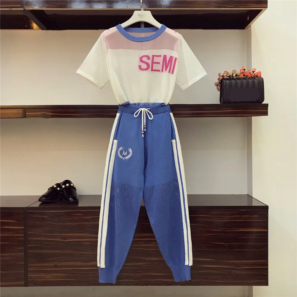 

In stock 2021 Trendy Summer Women Thin Knitted Sexy T-shirt + Casual Pants 2 pcs sets Female Suits A073