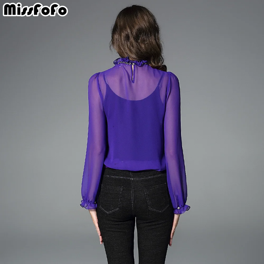 MissFoFo 2019 New Fashion Women Office Lady Ruffles Solid Stand Lantern Sleeve Spliced Size S-XL White Black Purple Good Quality |