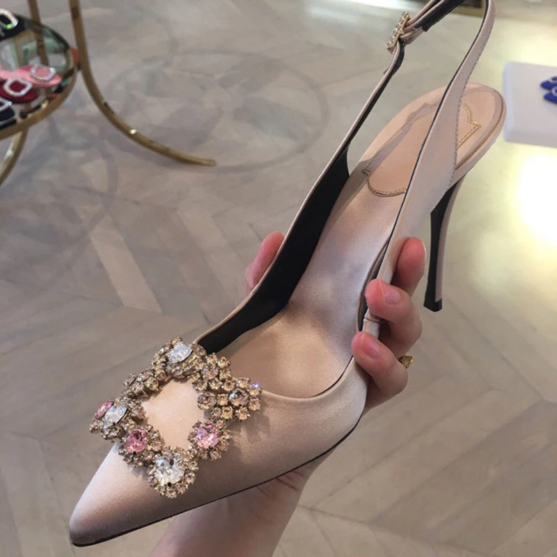 

flowers crystal buckle strap stud zapatos mujer point toe satin women pumps high heels sexy party wedding lady shoes 2019 spring