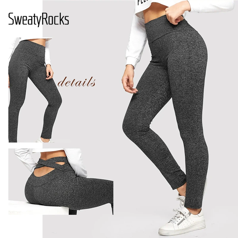 SweatyRocks крест-накрест однотонные леггинсы Activewear Для женщин тренировки обтягивающие леггинсы Новинка весны Повседневное Фитнес принтом букви серые