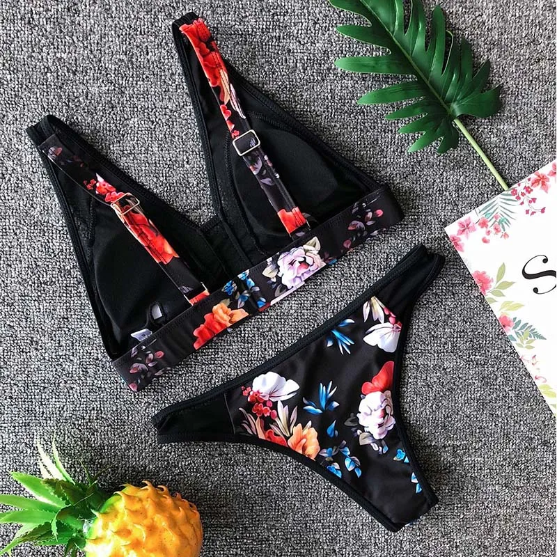 Женский купальник пуш-ап черный сексуальный пляжный комплект бикини с цветочным