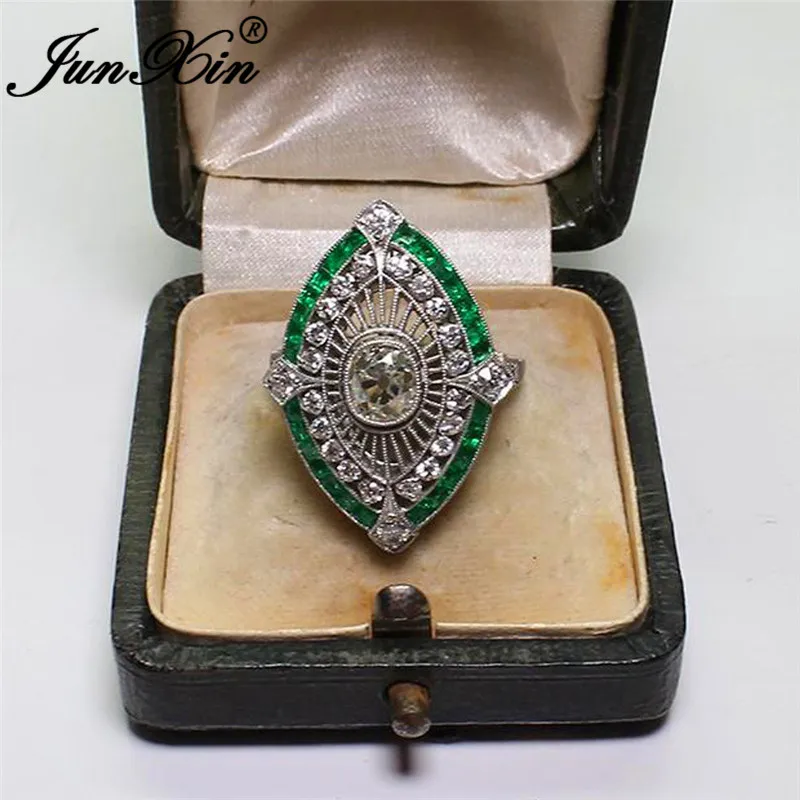 JUNXIN, антикварные 925 пробы, заполненные серебром, с голубым камнем, маркиза, большие кольца для мужчин и женщин, винтажные, зеленые, циркониевые, очаровательные, обручальные кольца - Цвет основного камня: Green Ring
