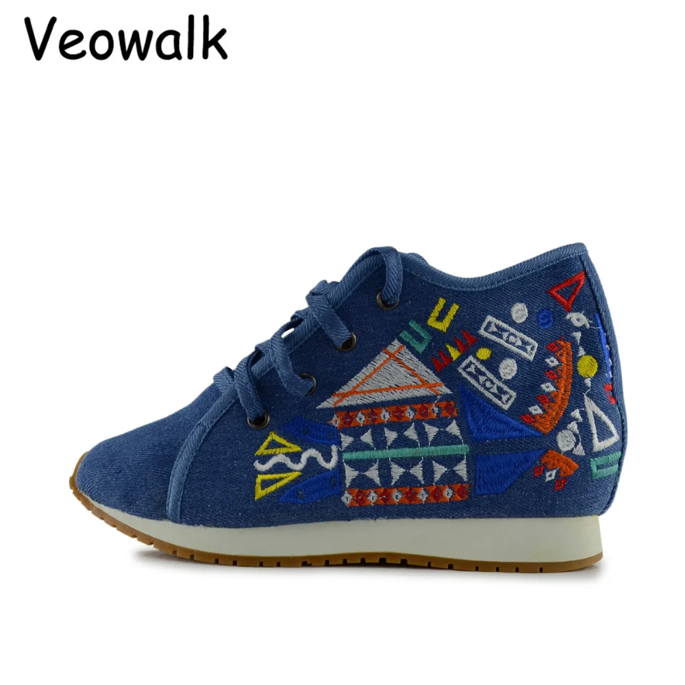 Veowalk/Женская парусиновая обувь для путешествий с геометрическим узором и вышивкой; повседневная женская обувь из мягкого джинсового хлопка на платформе со шнуровкой; zapatos mujer