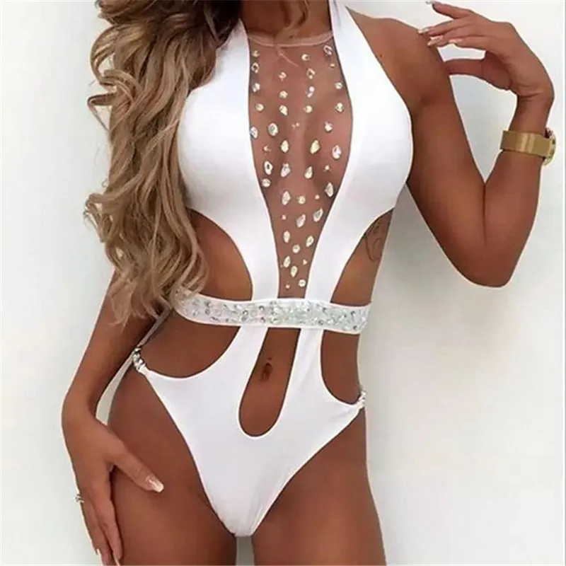 

Shiny Gems Mesh See Through Bodycon Bodysuits Women Sleeveless Hollow Out Rhinestones Jumpsuit Beach Playsuits Sexy Clubwear