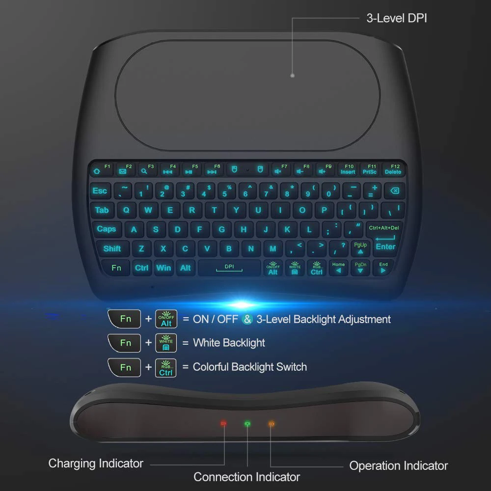 Backlit Mini Wireless Keyboard with Large Touchpad Mouse Rechargable Li-ion Battery &amp Multi-Media Handheld Remote for PC/Google |