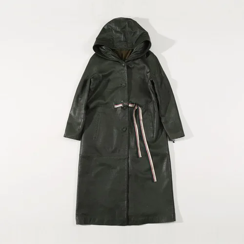 New Arrival Real Leather Jacket Drawstring Genuine Leather Jacket Women Plus Size Hooded Lambskin Leather Coat for Women - Цвет: Армейский зеленый