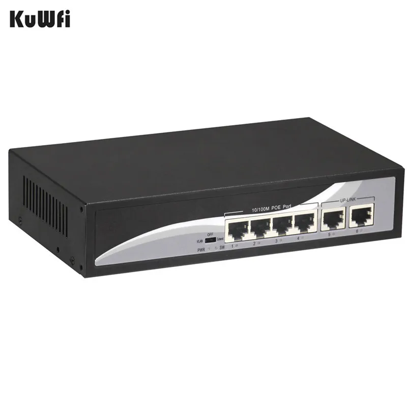 100 Мбит/с POE коммутатор 6 портов 48 В Ethernet сетевой коммутатор Быстрая коммутация с 4PoE портами 2Uplink Ethernet Поддержка MDI/MDIX