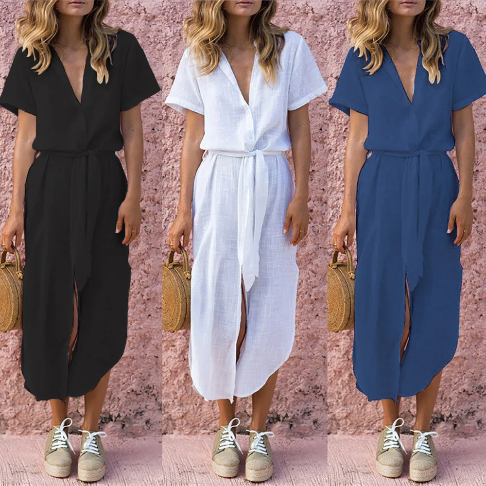 

Women Loose Dress Summer Ladies Loose Short Sleeve Solid Casual Mid-Calf Dress With Belt Turn-down Collar Sashes