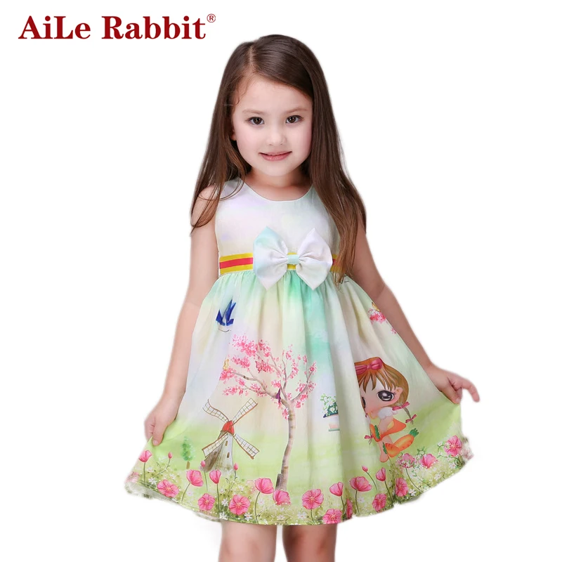 AiLe Rabbit/новое платье для девочек Детские платья с принтом детская одежда с бантом и ветряной мельницей детское праздничное платье летняя одежда для девочек, размер