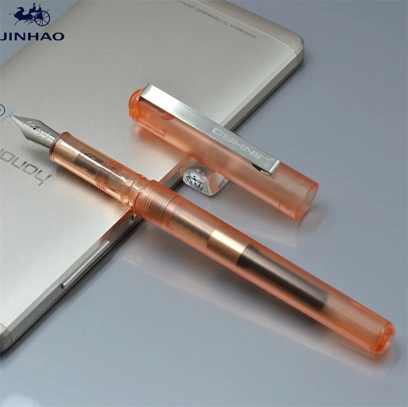 JINHAO 991 прозрачный черный Белый и зеленый цвета перьевая ручка с серебряной клип школьные канцелярские принадлежности F наконечник для письма ручек молочного цвета подарок A7 - Цвет: 1 transparent red