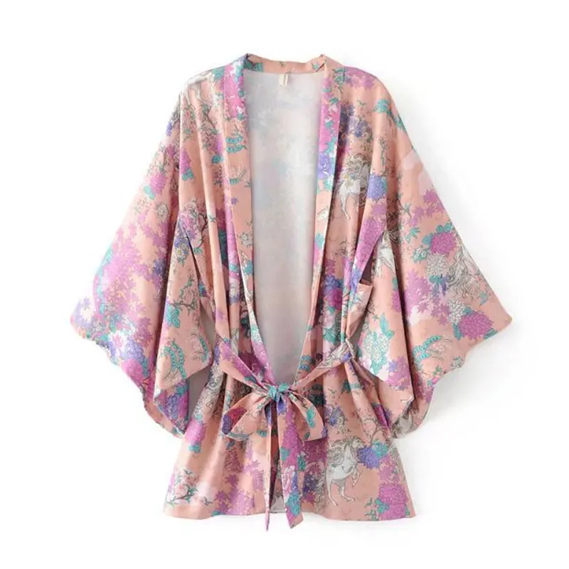 Бохо цветочные принты летние кимоно блузки с v образным вырезом и расклешенным
