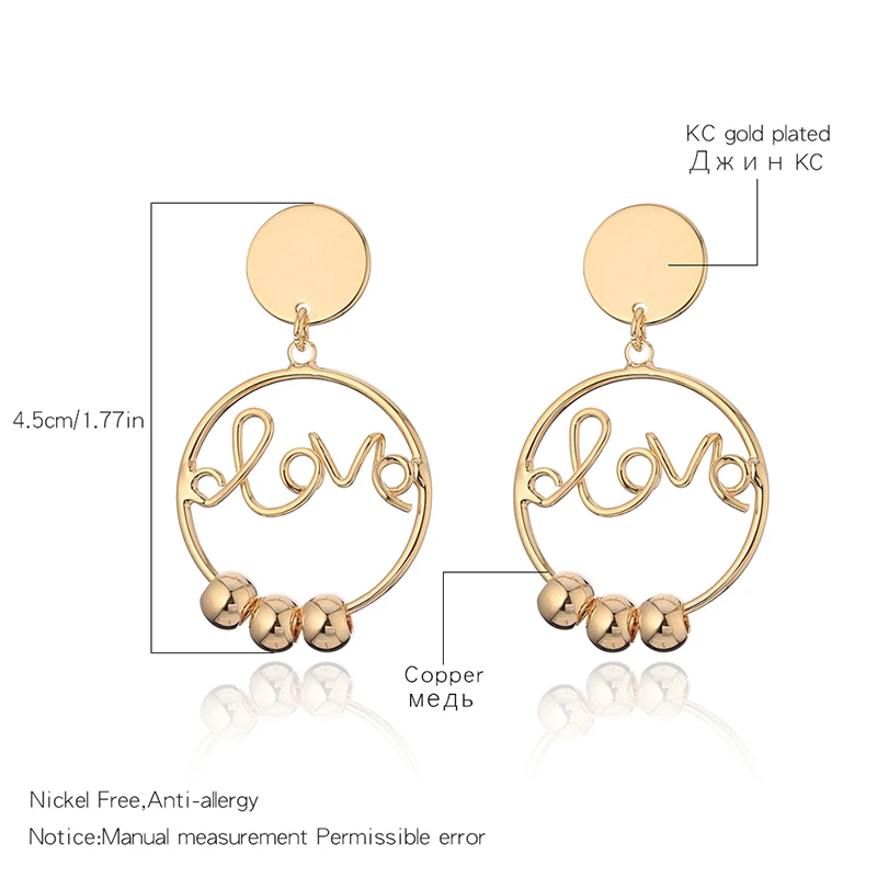 Korea Style Gold Round Love Letter Drop Earrings Slip Beads Lovely Dangle For Women Jewelry Party Gifts 2018 Hot Sell | Украшения и