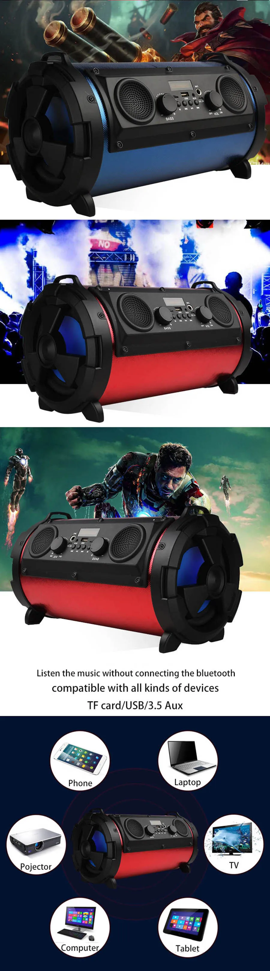 Portable 15W Audio Huge Power HiFi Wireless Bluetooth Speaker Cool LED Light Stereo Super Bass Music Speakers 10PCS/lot