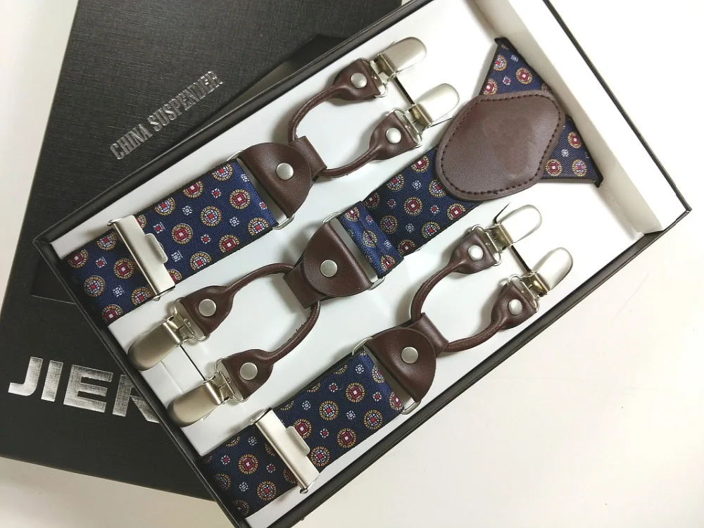 Мужские подтяжки из натуральной кожи жаккардовые с 6 зажимами эластичные