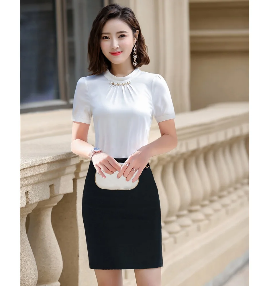 Женский офисный комплект из 2 предметов белая блузка с коротким рукавом и юбка