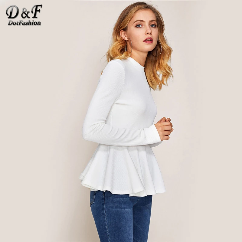 Dotfashion/женская футболка в рубчик с оборкой и баской; коллекция года; сезон осень; белый топ с вырезом лодочкой и длинными рукавами на молнии; Повседневная футболка
