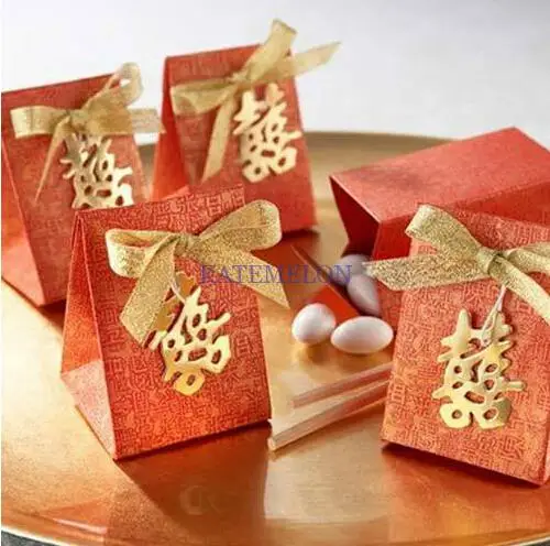 Подарочная коробка в азиатском стиле с двойным счастьем и золотым бантом