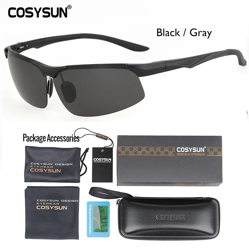 BlackGray LuxuryPKG COSYSUN, Брендовые мужские солнцезащитные очки, мужские поляризованные солнцезащитные очки, без оправы, алюминиевый сплав, зеркальные линзы, солнцезащитные очки для вождения, Oculos de sol CS0511 - Цвет линз: BlackGray LuxuryPKG