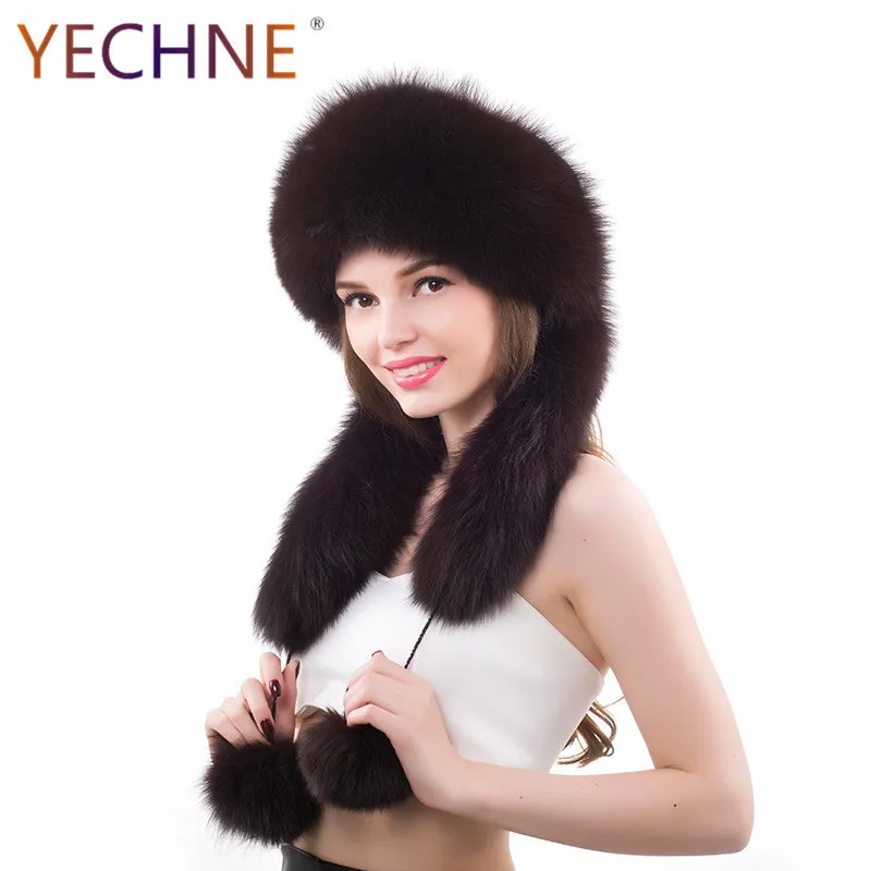 Женская зимняя длинная шапка YECHNE из натурального Лисьего меха женская теплая