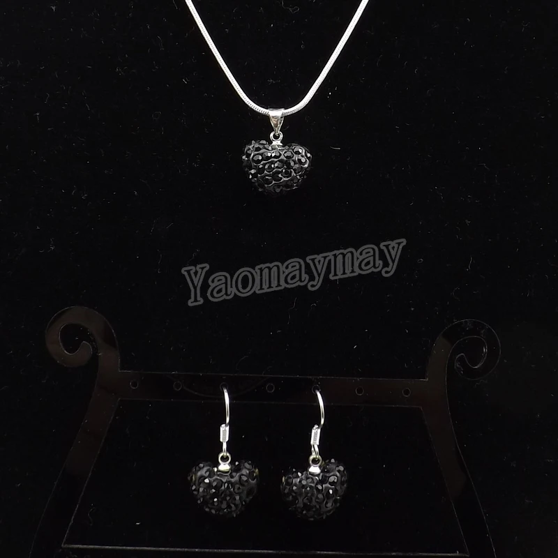 Модный Ювелирный Набор, черное сердце, кулон, кристалл, серьги и ожерелье с посеребренной цепочкой, 5 комплектов, оптовая продажа