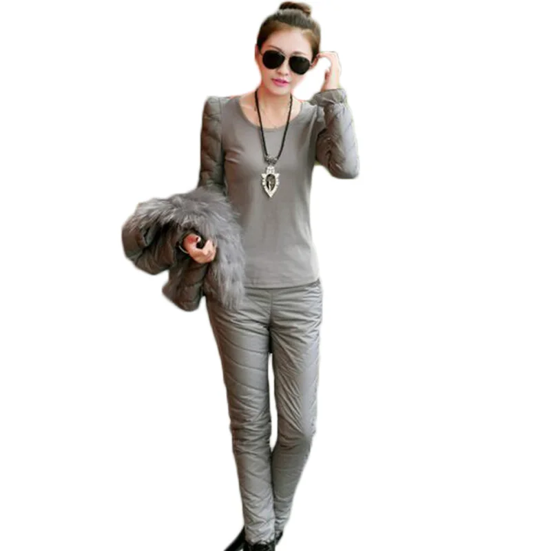 2017 Winter Warm Thick Women 3 Pieces Sets (Vest+Sweatshirt+Pant) Casual Slim Fur Collar Plus Size Wadded Jacket Suits LW48 | Женская