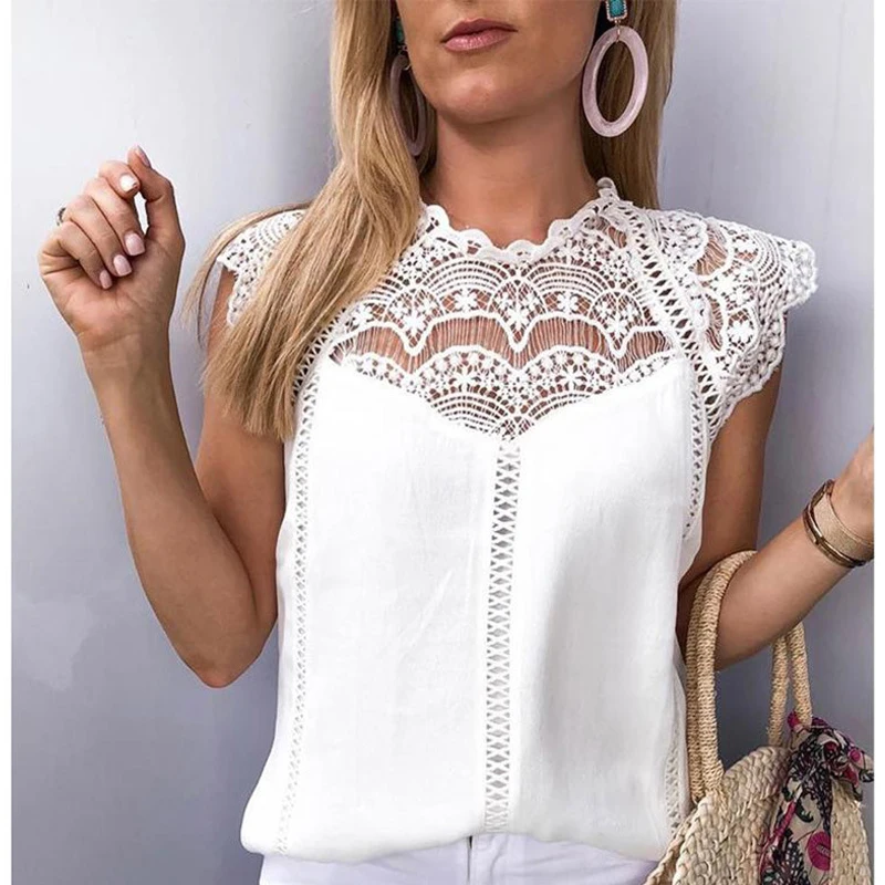 Женские топы и блузки рубашки однотонная кружевная шифоновая блузка без рукавов