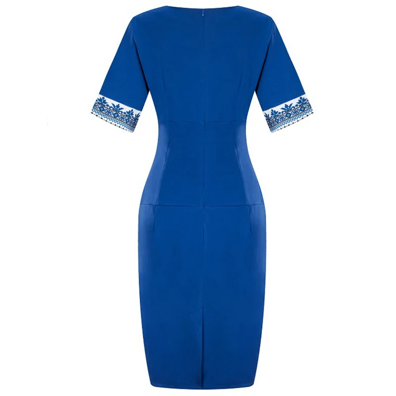 Women Summer Dress Sexy V Neck Plus Size Ladies Office Work Short Sleeve Pencil Ethnic Print Retro Big Vestidos | Женская одежда