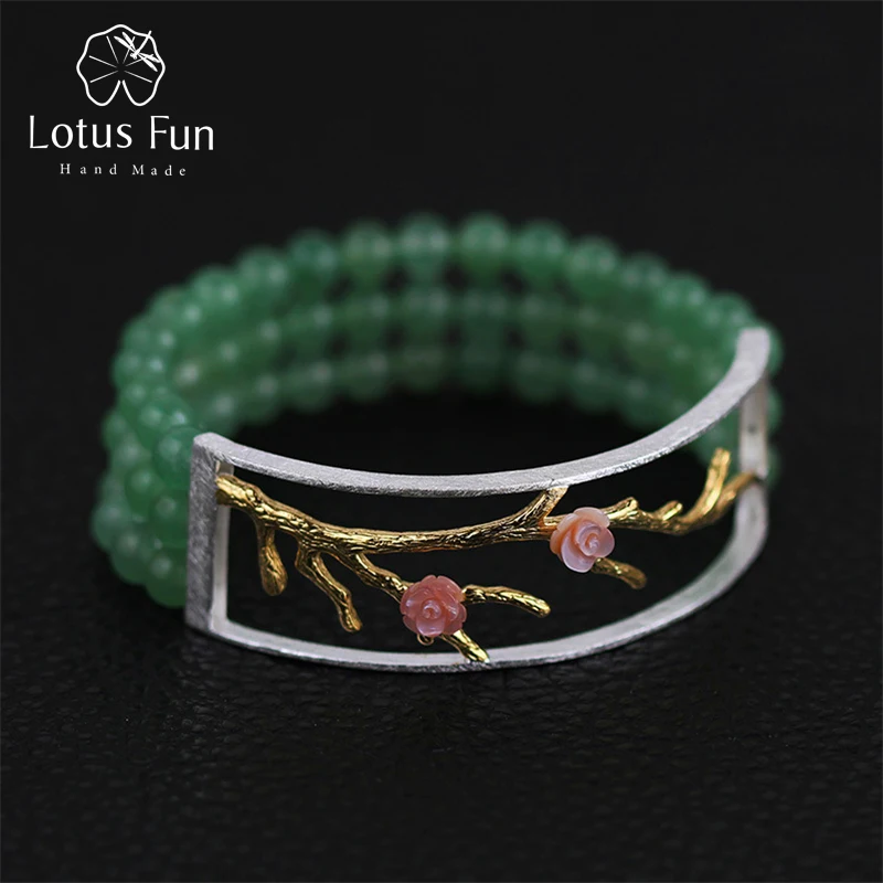 Lotus весело Настоящее серебро 925 проба Натуральный авантюрин ручной работы превосходные ювелирные украшения Винтажные сливы бисер браслет для Для женщин
