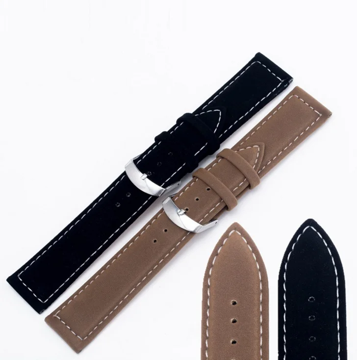 

18 22mm Hot New Wholesale Men Women Genuine Suede Leather Black White Stitches Watchband Strap Belt Silver Polished Pin Buckle