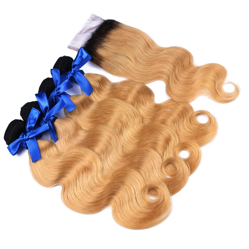 Unprocessed Ombre Brazilian Body Wave Virgin Hair 4 Bundles With Closure Human Weave Lace |