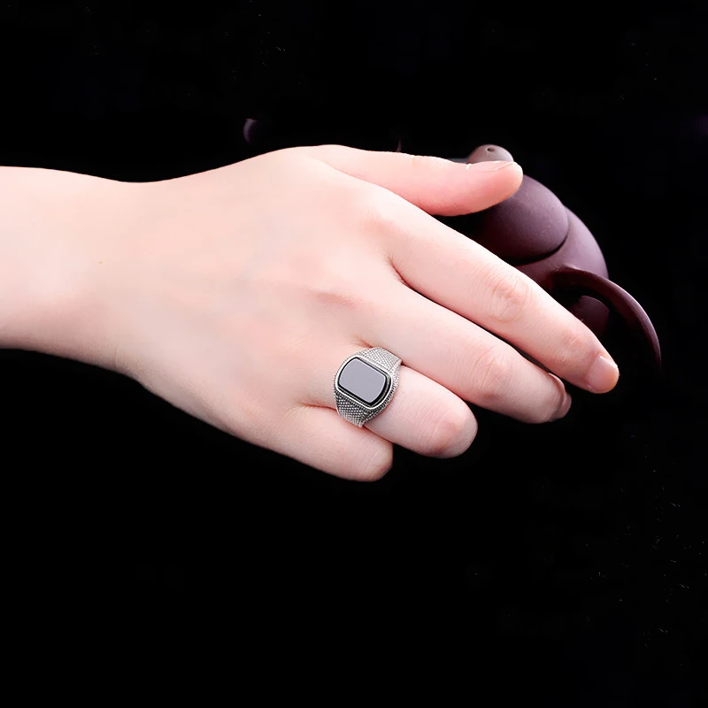 Мужское регулируемое кольцо из черного агата 100% Стерлинговое Серебро 925 пробы