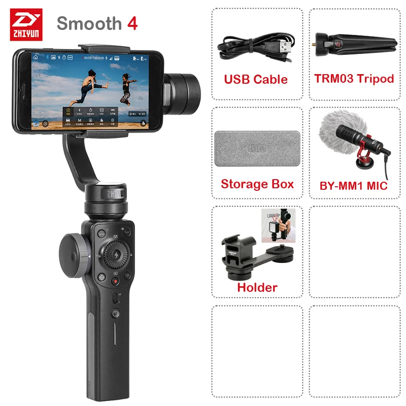 Smooth 4 Black-Kit 4 Zhiyun Smooth 4 3-осевой Ручной Стабилизатор на шарнирном замке для смартфона фокусировки камеры для iPhone X 8 7 6 Plus для samsung Galaxy S9+ S9 S8+ S8 - Цвет: Smooth 4 Black-Kit 4