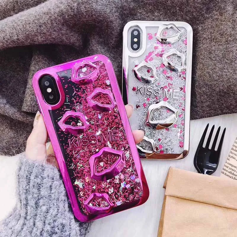 JIBAN 3D Cartoon Lips Glitter KISS ME letter Phone Case for iphone 5 SE Luxury Soft TPU Plating X 6 6s 7 8 plus |