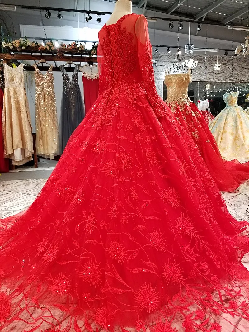 LS34571 винтажное красное свадебное платье невесты с круглым вырезом и длинным