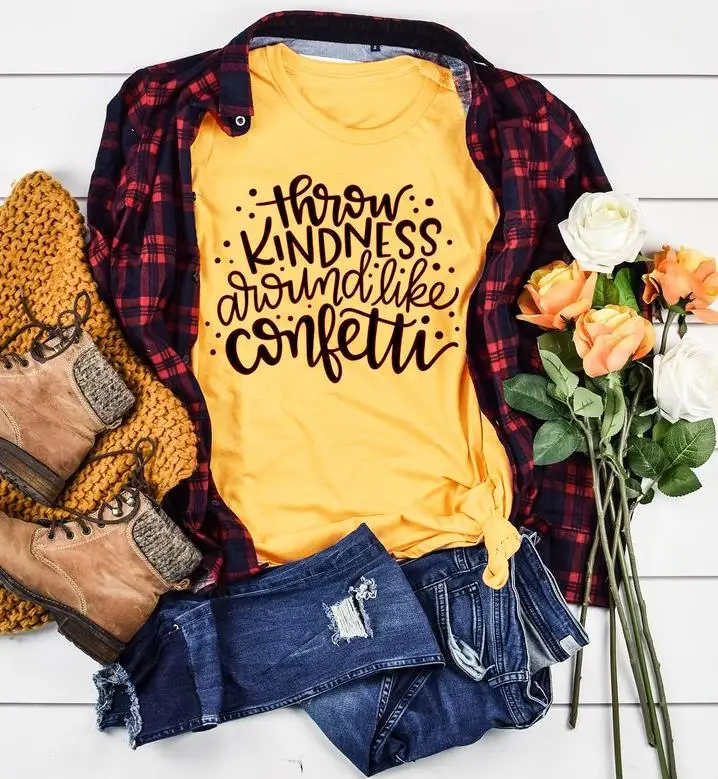 Yellow-black txt Hrow Kindness Around Like Confetti футболка винтажная camisetas grunge tumblr графическая учительница женская унисекс Эстетическая Футболка Топ - Цвет: Yellow-black txt